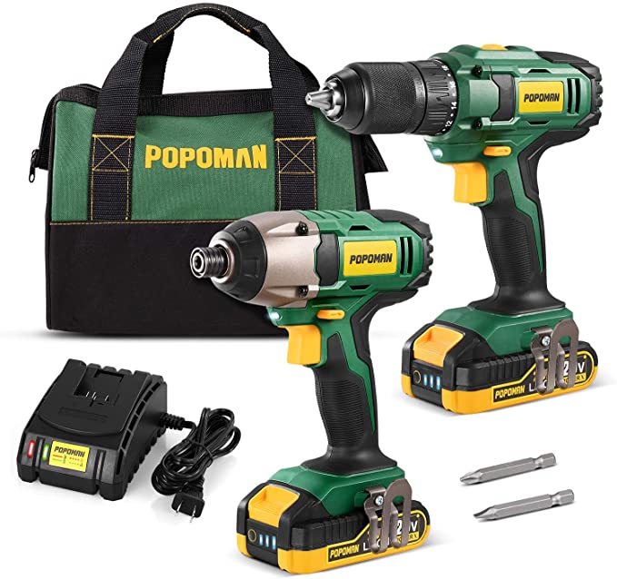 Buy POPOMAN Drill Combo Kit, 20V 1600In-lbs Impact Driver, 398ln-lbs Cordless Drill, 59-Minute Fast Charging, 2x2.0Ah Batteries, LED Work Light, Metal Chuck, 2PCS for Metal Drilling- BHD620B 