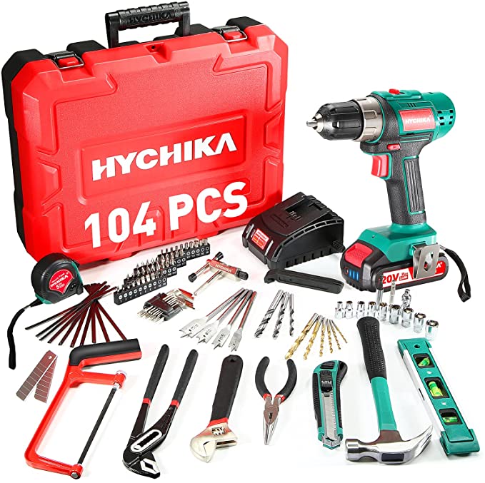 Buy HYCHIKA 20V Home Tool Kit with Case, 104 PCS Cordless Drill Driver Tool Set with Battery&Charger for Garden Office Home Repair Maintenance, Home Power Tool Combo Kits 