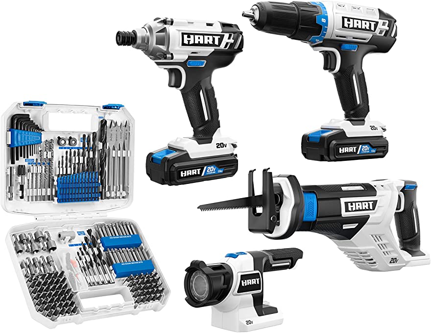 Buy The Hart HPCK402BPTA 20-Volt Cordless 4-Tool Combo Kit includes a 200-piece accessory kit and a 16-inch storage bag. 