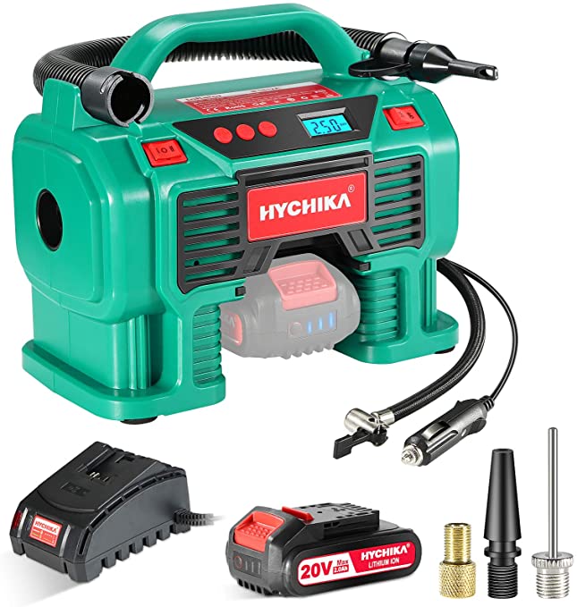 Buy Air Compressor Tire Inflator, HYCHIKA 160PSI Portable Inflator with Pressure Gauge, Dual Power Supply 12V DC/20V 2.0Ah Battery, 1H Fast Charger, LED Light for Tires, Balls, and Other Inflatables 