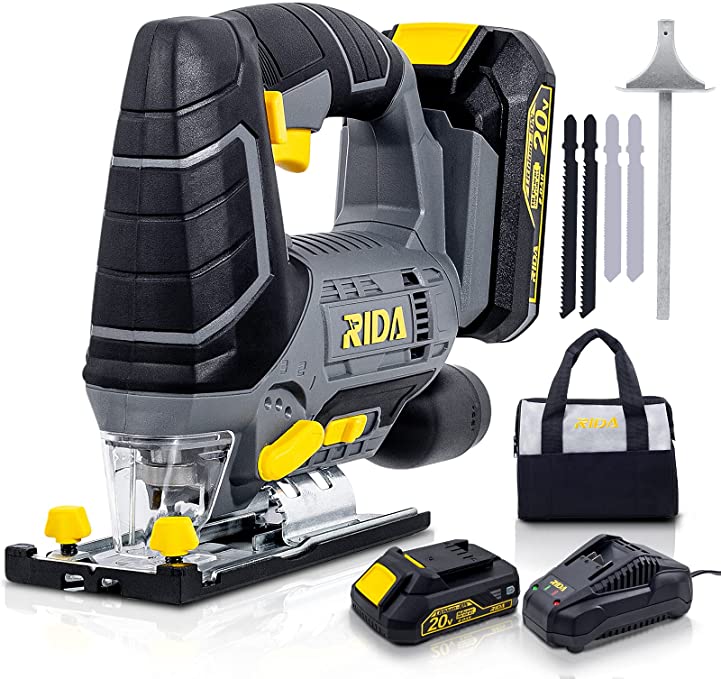 Buy RIDA 20V Cordless Jigsaw with LED Light, 4 Blades, 2000mAh Lithium-ion Battery and 1H Fast Charger, 0-2700SPM Adjustable Speed, 4 Orbital, -45°45° Bevel Cutting, Aluminum Baseplate Jigsaw, RIDA 20V Cordless Jigsaw with LED Light, 4 Blades, 2000mAh Lithium-ion Battery and 1H Fast Charger, 0-2700SPM Adjustable Speed, 4 Orbital, 