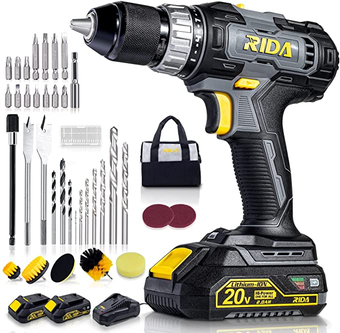 Buy RIDA 20V Cordless Drill with 2x2.0Ah Lithium-ion Battery and Fast Charger, 400 In-lbs Torque, 1/2