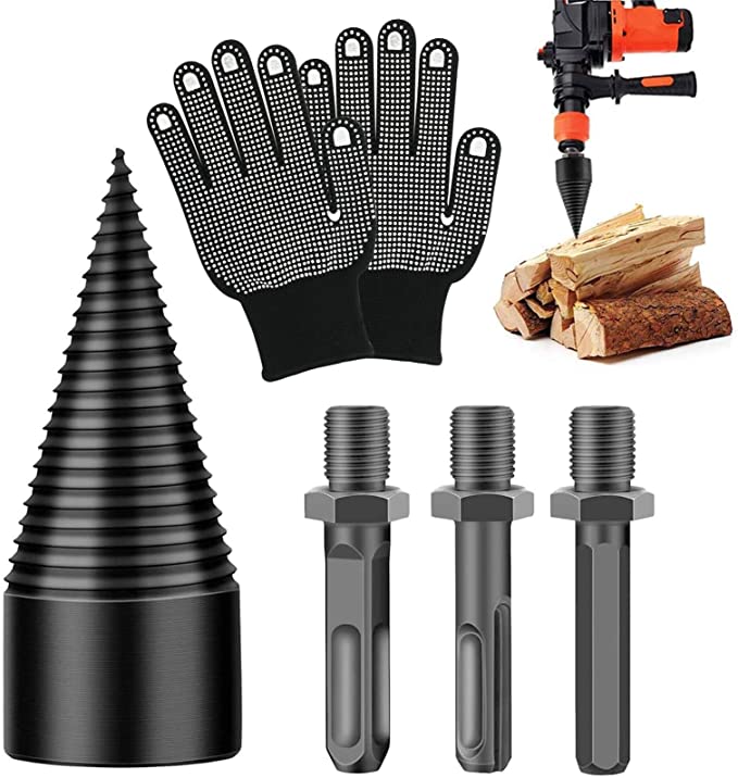 Buy 3PCS Firewood Log Splitter Drill Bits with Gloves, Removable Handle Wood Splitter Drill Bit, Heavy Duty Drill Screw Cone Driver for Household Electric Drill Stick Drill-hex+Square+Round (32mm)  