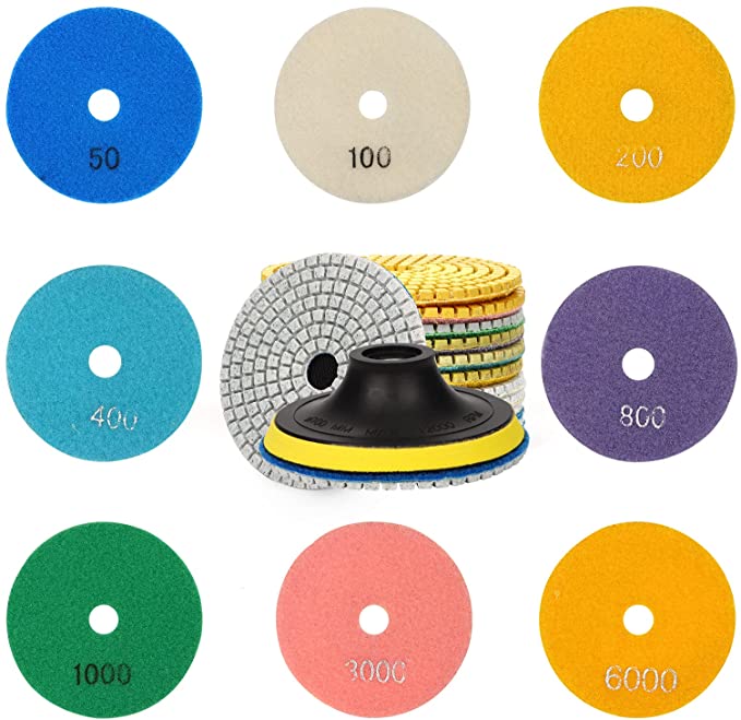 Buy SellyOak Diamond Polishing Pads, 4 Inch Wet/Dry Set for Granite Stone Concrete Marble Tiles Grinder or Polisher, 50#-6000# Grit with Hook and Loop Backing Holder Pad 