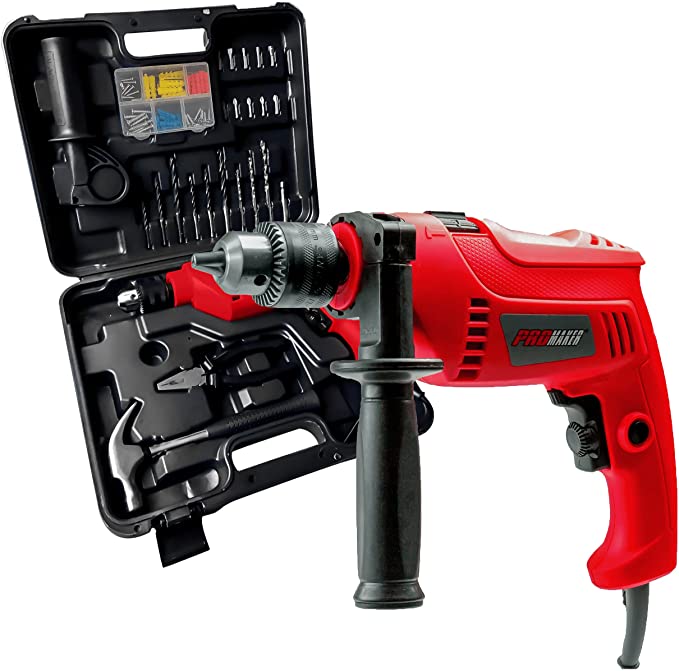 Buy PROMAKER 5AMP 550W 1/2-inch Corded Hammer Drill, Impact drill with 88 pcs Hand Tool Set, Variable speed 0-3000 RPM, Drill and Hammer 360° auxiliary handle option. PRO-TP550KIT 