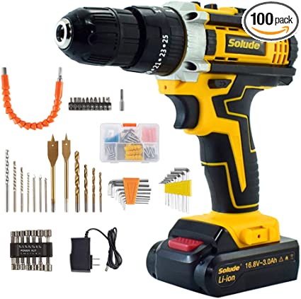 Buy 100-Piece Power Drill Set with 16.8V Cordless Drill Driver,3/8-Inch Keyless Chuck,2-Variable Speed,25+1 Torque Setting,Household Cordless Drill Combo Kit for Drilling Wood,Metal, and Plastic 