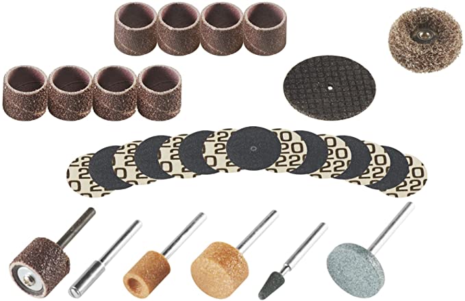 Buy Sanding Drums, Grinding Stones, Abrasive Buff, Cutting Discs, and a Storage Case are included in the Dremel 686-01 31 Piece Sanding and Grinding Rotary Tool Accessory Kit. 