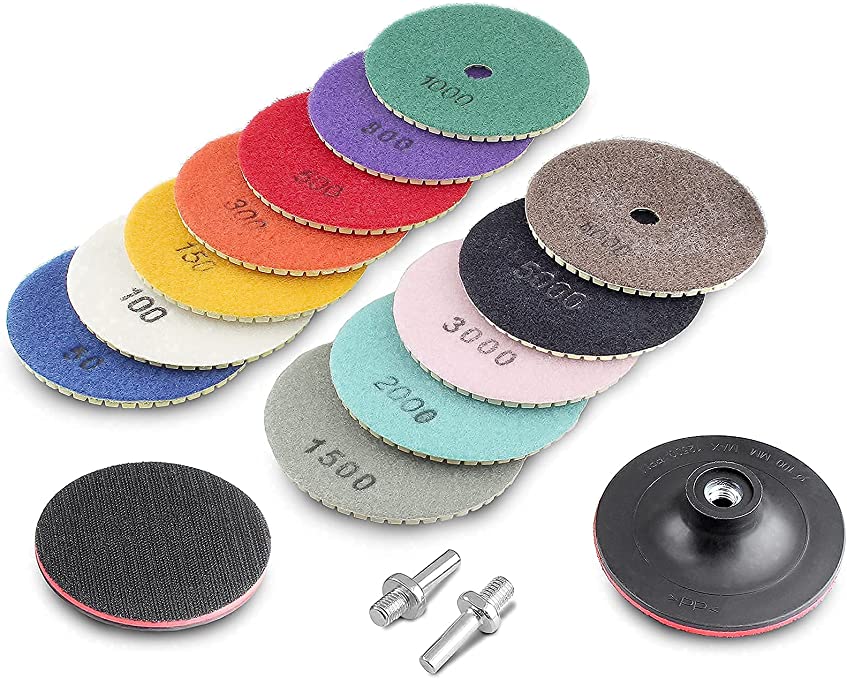 Buy Jiozermi 16-piece 4 inch diamond polishing pad set, wet and dry polishing kit 50# to 8000# grit with hook and loop backer pads for Granite Stone Concrete Marble Floor Grinder or Polisher 