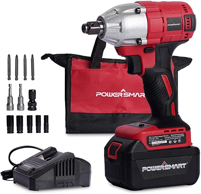 Buy PowerSmart 20V Cordless Impact Wrench 1/2-Inch, Maximum Torque 265 ft-lbs, 4.0Ah Battery and Charger, 5pcs Sockets, 1/2 Impact Gun Set PS76425AH 