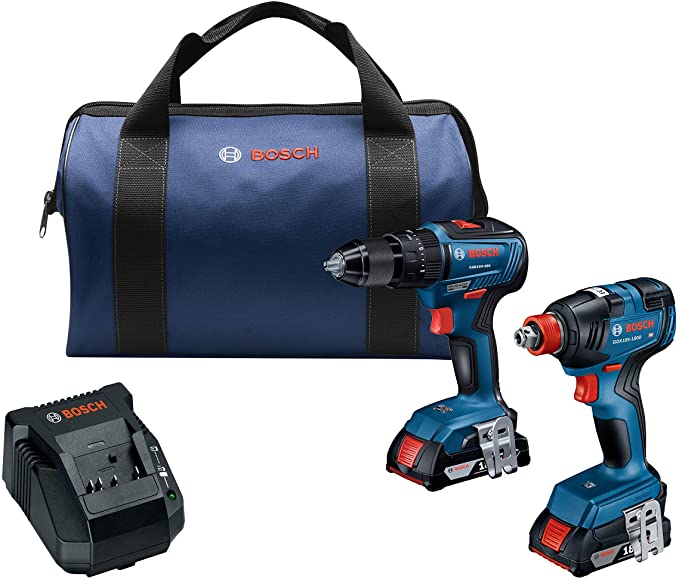 Buy Bosch GXL18V-240B22 18V 2-Tool Combo Kit includes a 1/2-Inch Hammer Drill/Driver, Freak 1/4-Inch and 1/2-Inch Two-In-One Bit/Socket Impact Driver, and (2) 2.0 Ah SlimPack Batteries. 