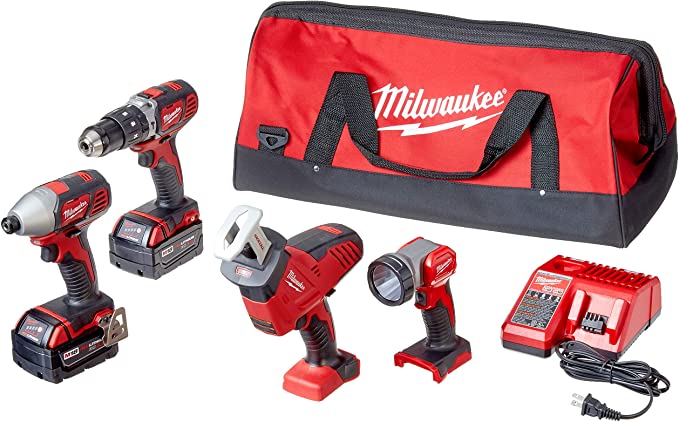 Buy Milwaukee 2695-24 M18 18V Cordless Power Tool Combo Kit with Hammer Drill, Impact Driver, Reciprocating Saw, and Work Light Milwaukee 2695-24 M18 18V Cordless Power Tool Combo Kit with Hammer Drill, Impact Driver, Reciprocating Saw, and Work Light (2 Batteries, Charger, and Tool Case Included)  