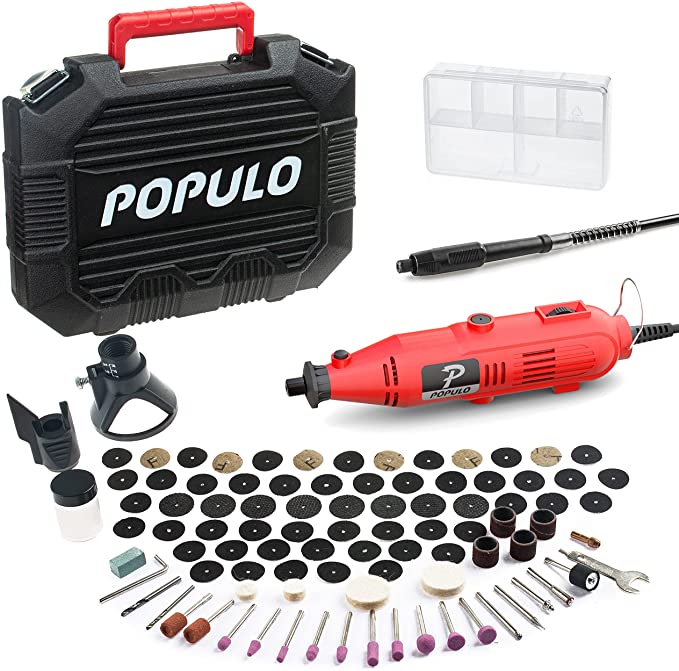 Buy For Handmade Crafting Projects and DIY Creations, POPULO Rotary Tool Kit with Flex Shaft - 107 PCS Variable Speed Engraving Tool Kit Wood Working Tools and Equipment. 